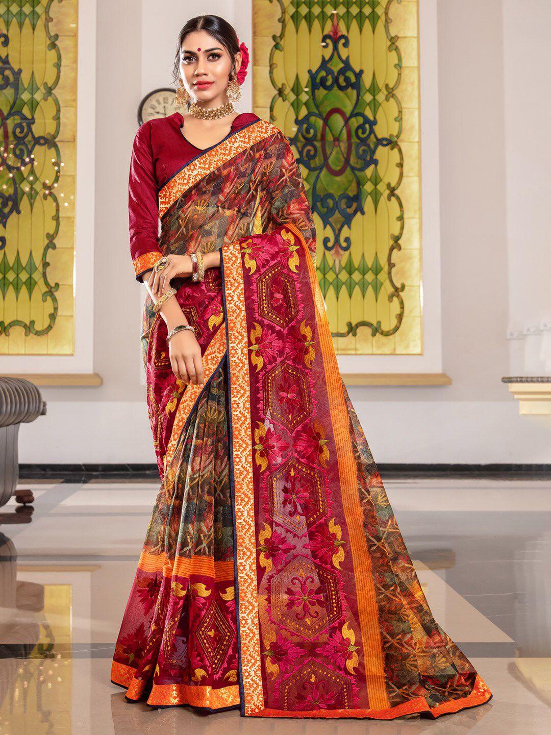 ishin abstract printed embroidered zari saree