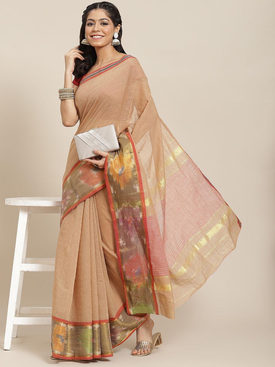 ishin beige & green solid zari pochampally saree with woven border