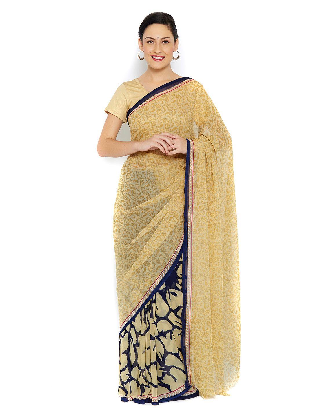 ishin beige & navy printed saree