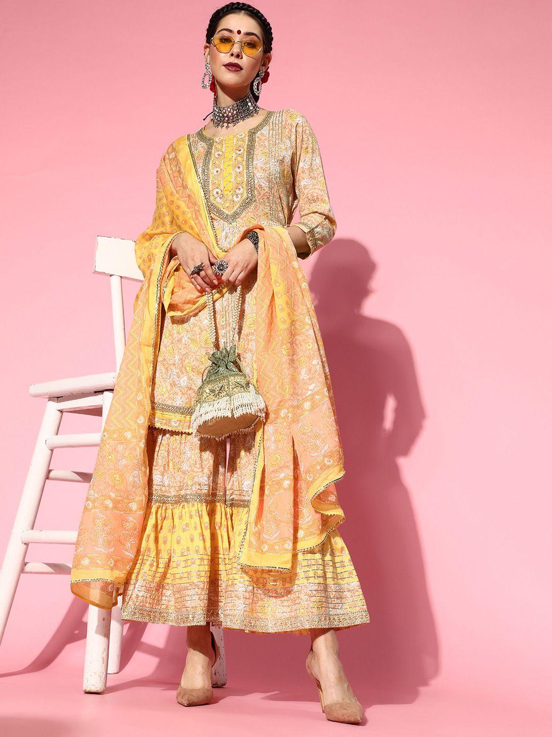 ishin beige & yellow floral foil print gotta patti tie-ups a-line kurta sharara & dupatta