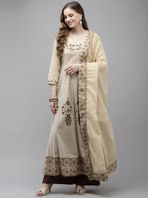 ishin beige cotton embroidered anarkali kurta with dupatta