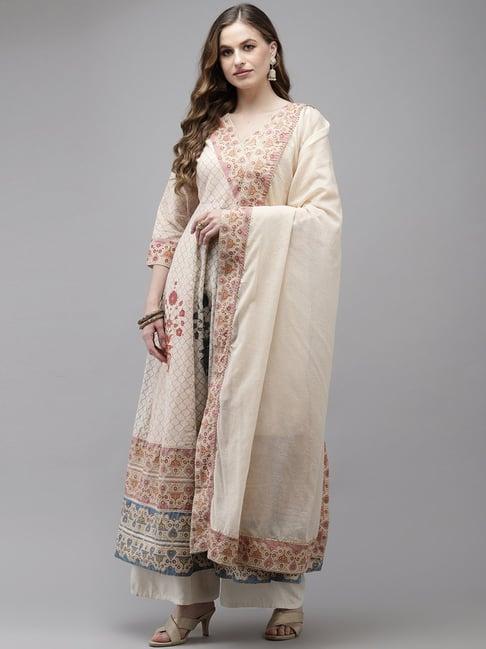 ishin beige cotton printed anarkali kurta with dupatta