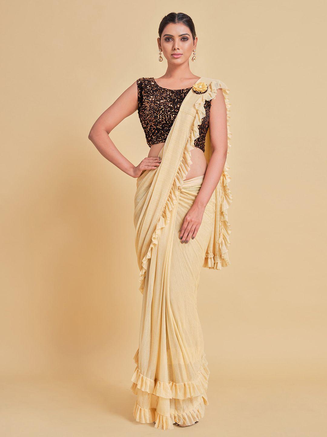 ishin beige ruffed ready to wear satin saree