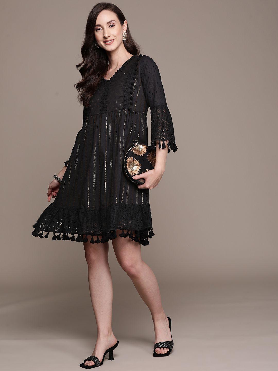 ishin black & gold-toned embellished mini dress