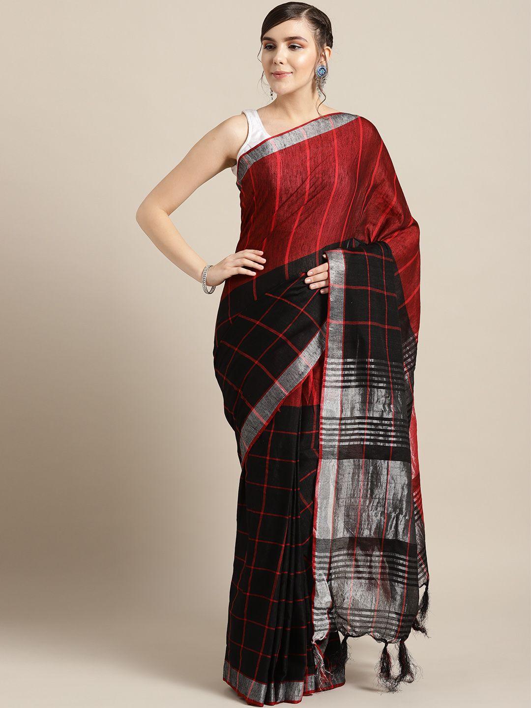 ishin black & red checked saree