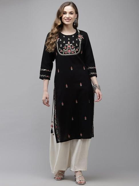 ishin black cotton embellished straight kurta