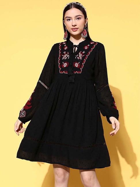 ishin black cotton embroidered a-line dress