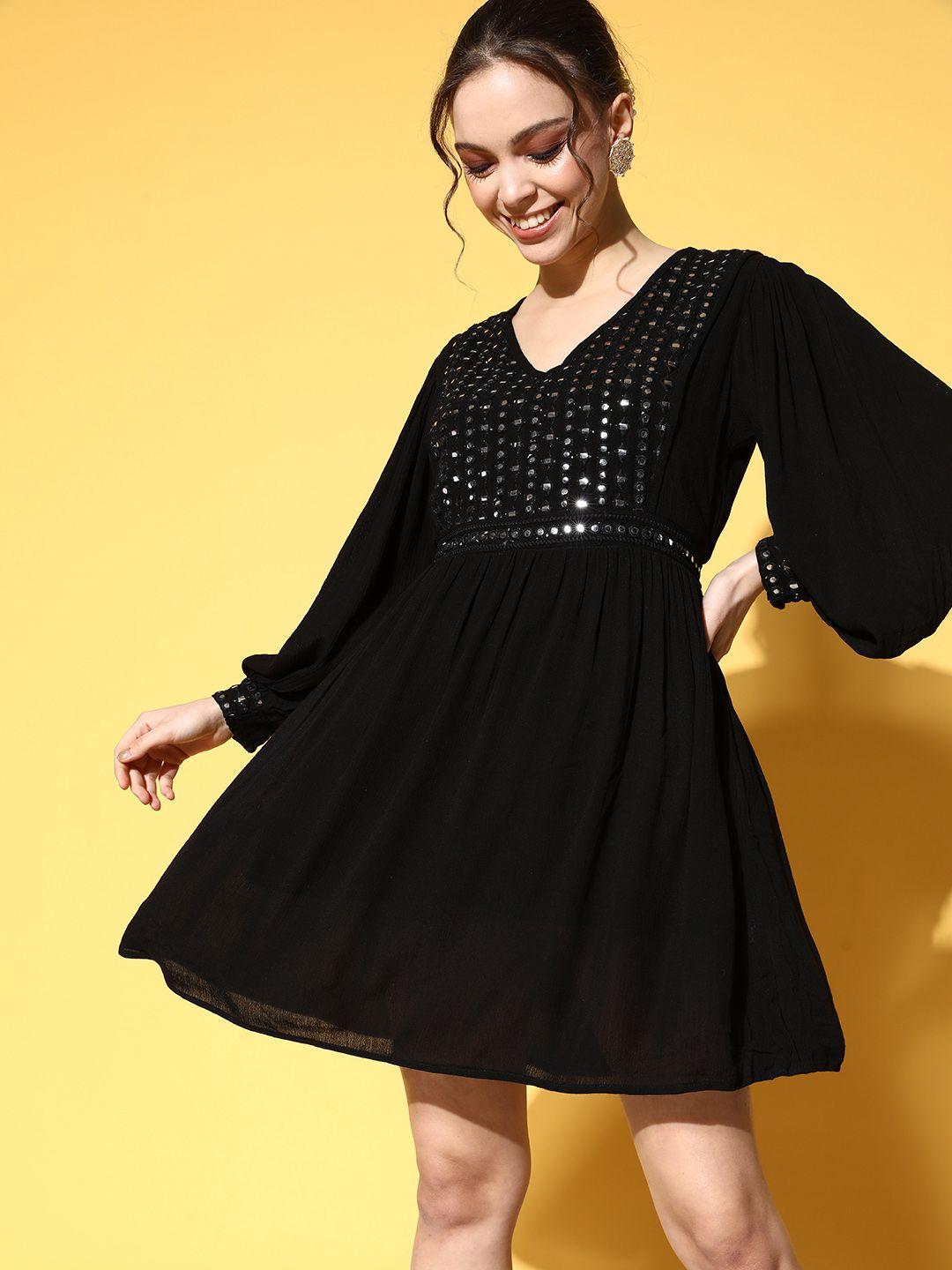 ishin black embellished crepe a-line mini dress