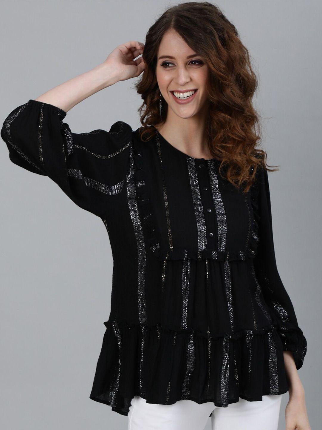 ishin black embellished puff sleeve crepe tiered top