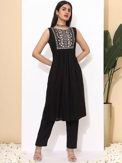 ishin black embroidered a-line kurta