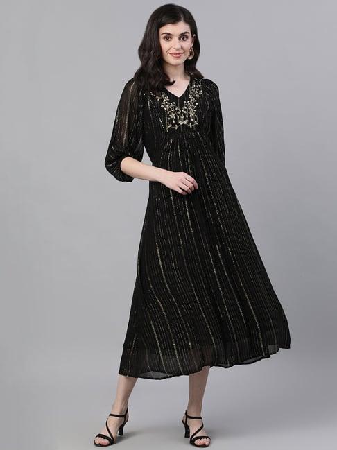 ishin black embroidered maxi a-line dress