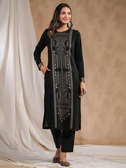 ishin black printed straight kurta