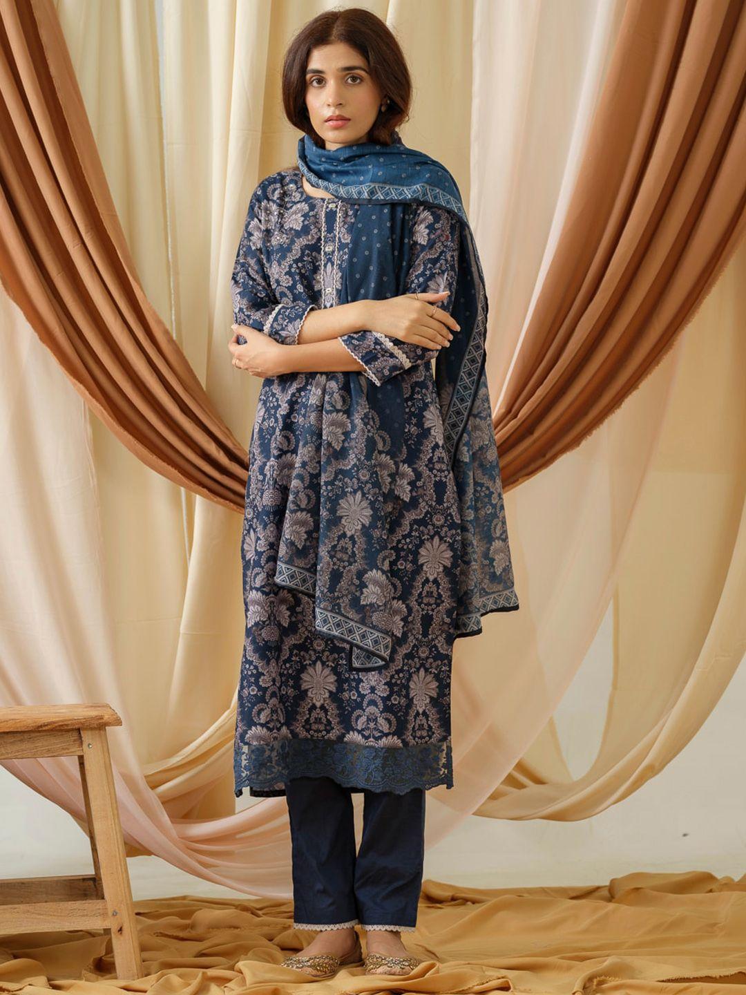 ishin blue & taupe floral printed bead work linen kurta with trousers & dupatta