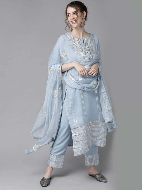 ishin blue embroidered kurta pant set with dupatta