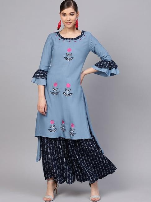 ishin blue embroidered kurta sharara set