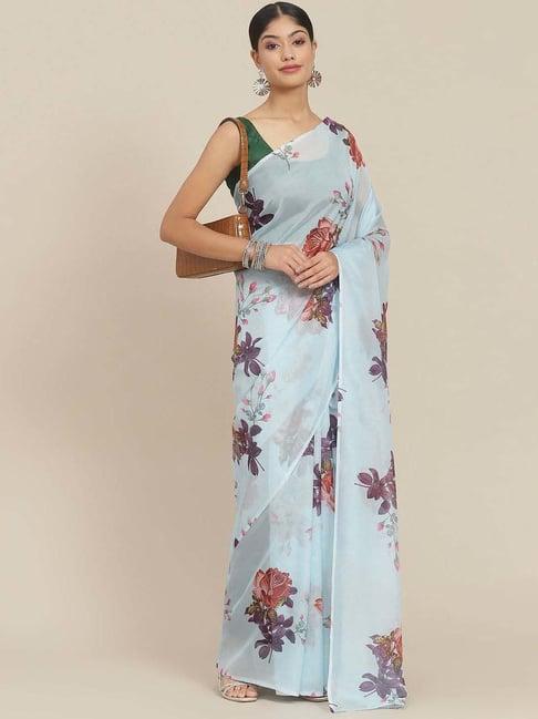 ishin blue floral print saree with unstitched blouse