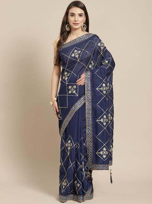 ishin blue silk embroidered saree with unstitched blouse