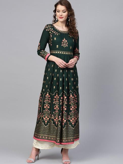 ishin bottle green floral print a line kurta