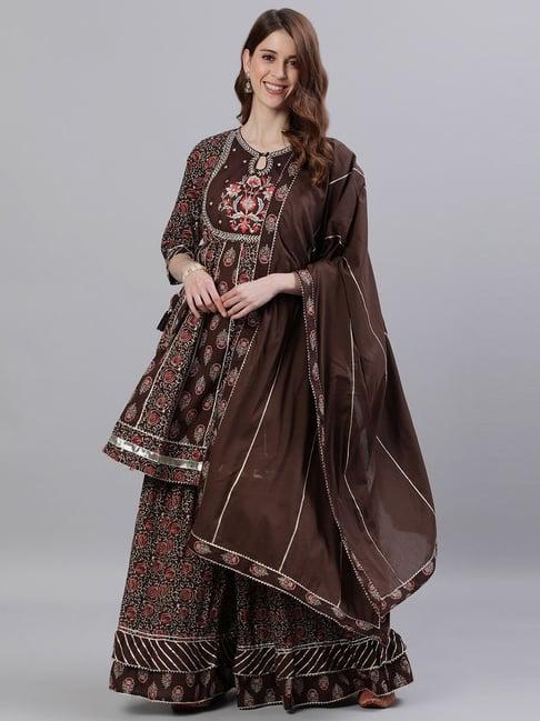 ishin brown cotton embroidered kurta sharara set with dupatta