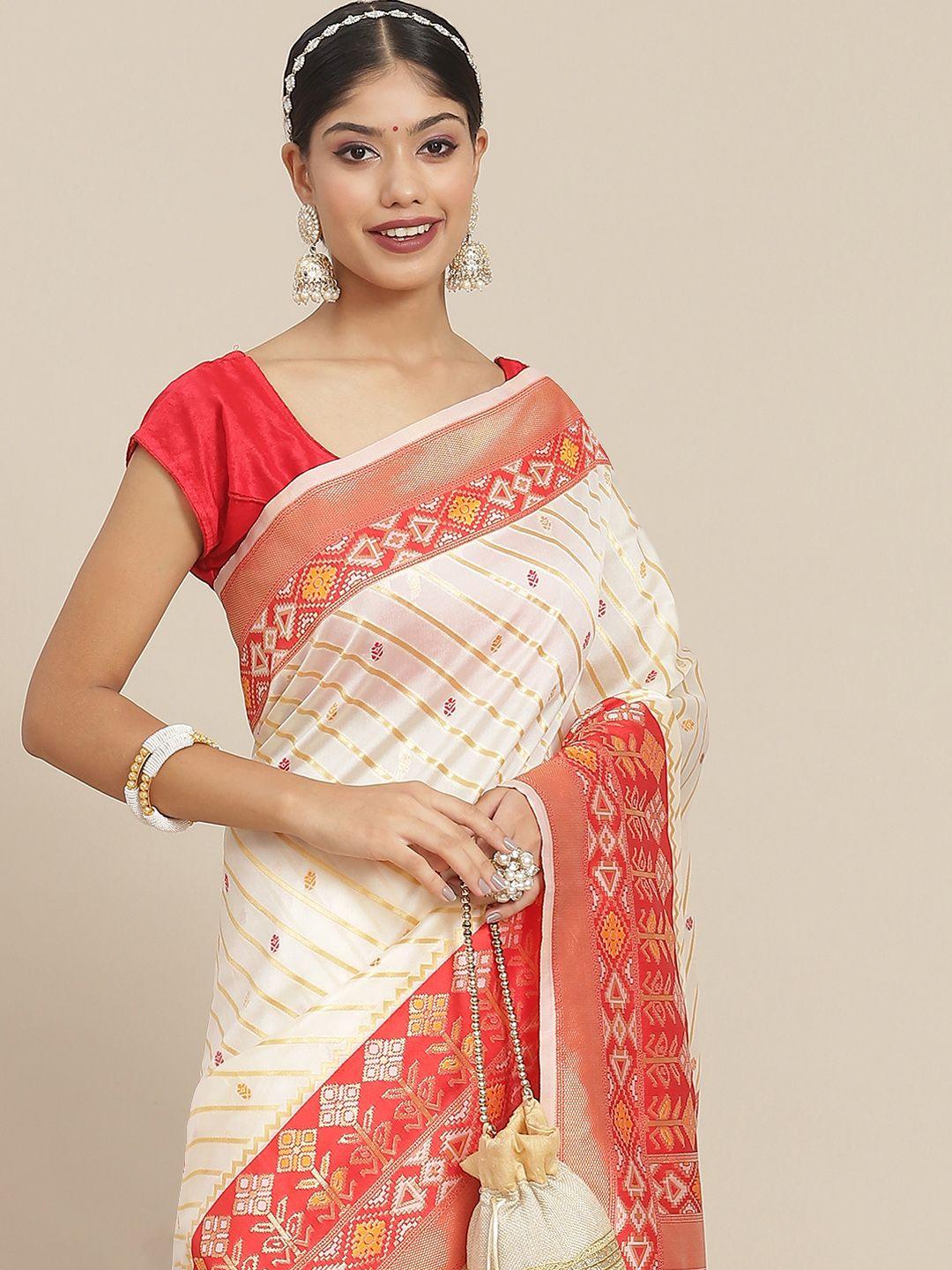 ishin cream-coloured & red ethnic motifs zari silk blend saree