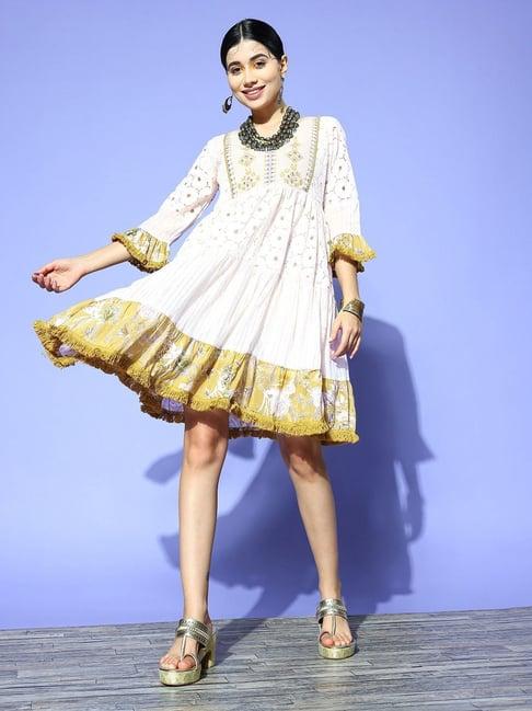 ishin cream cotton embroidered a-line dress