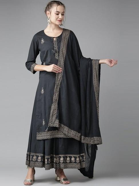 ishin dark grey cotton embroidered kurta sharara set with dupatta