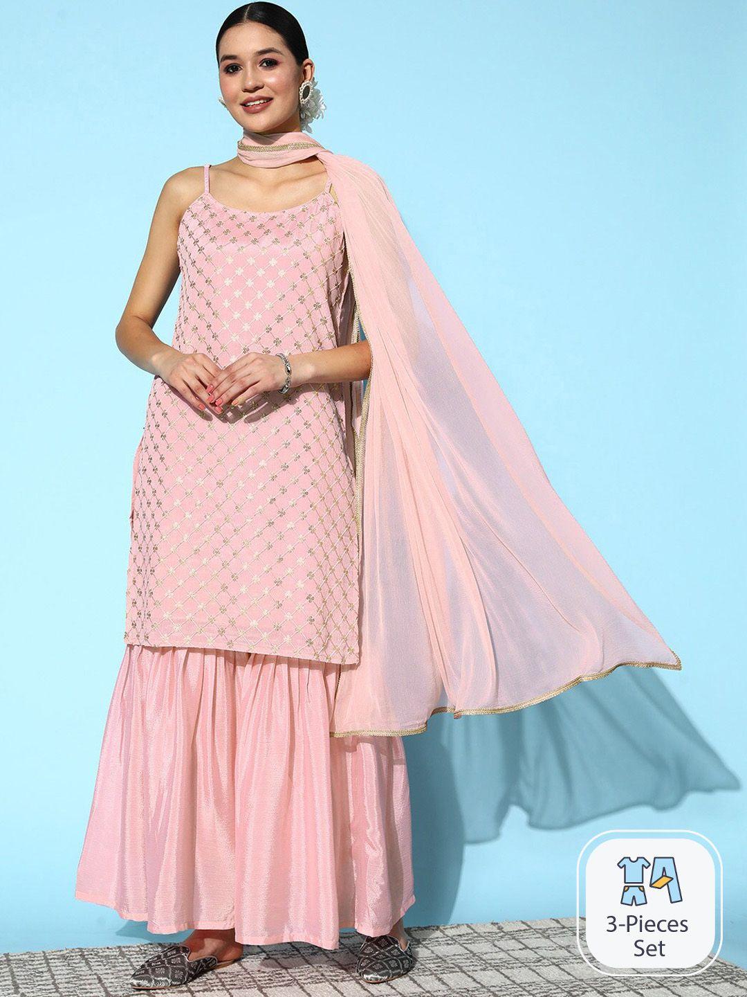 ishin embroidered regular sequinned kurta with sharara & dupatta