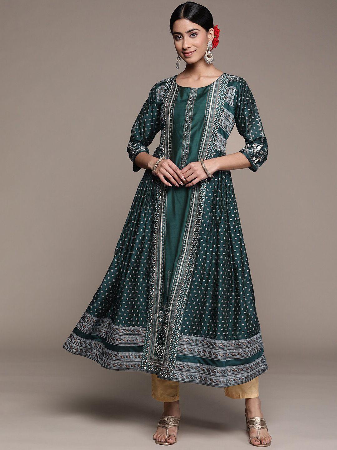 ishin ethnic foil printed beads & stones panelled a-line silk kurta