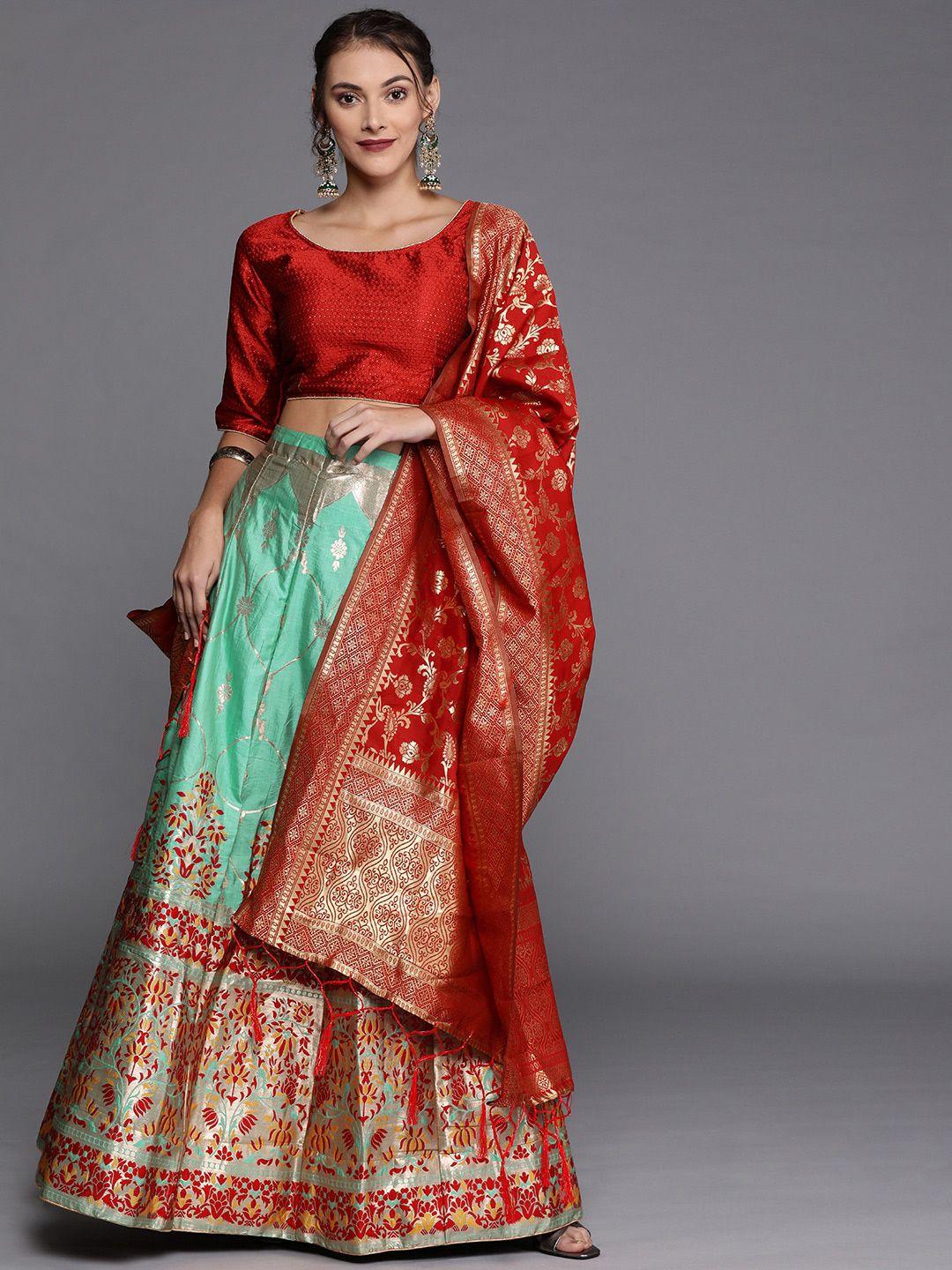ishin ethnic motif woven design semi-stitched lehenga & unstitched blouse with dupatta