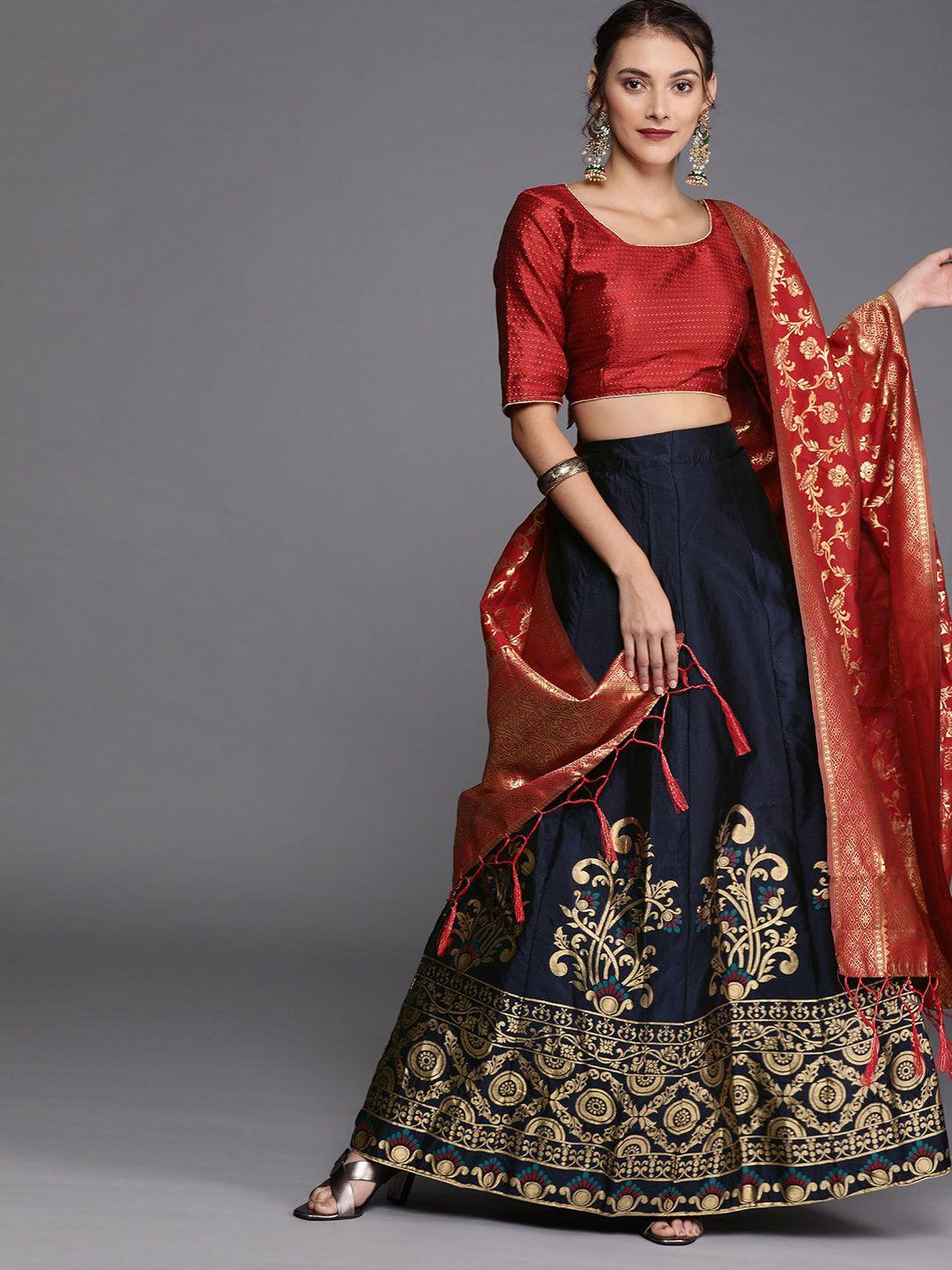 ishin ethnic motif woven design silk semi-stitched lehenga & blouse with dupatta