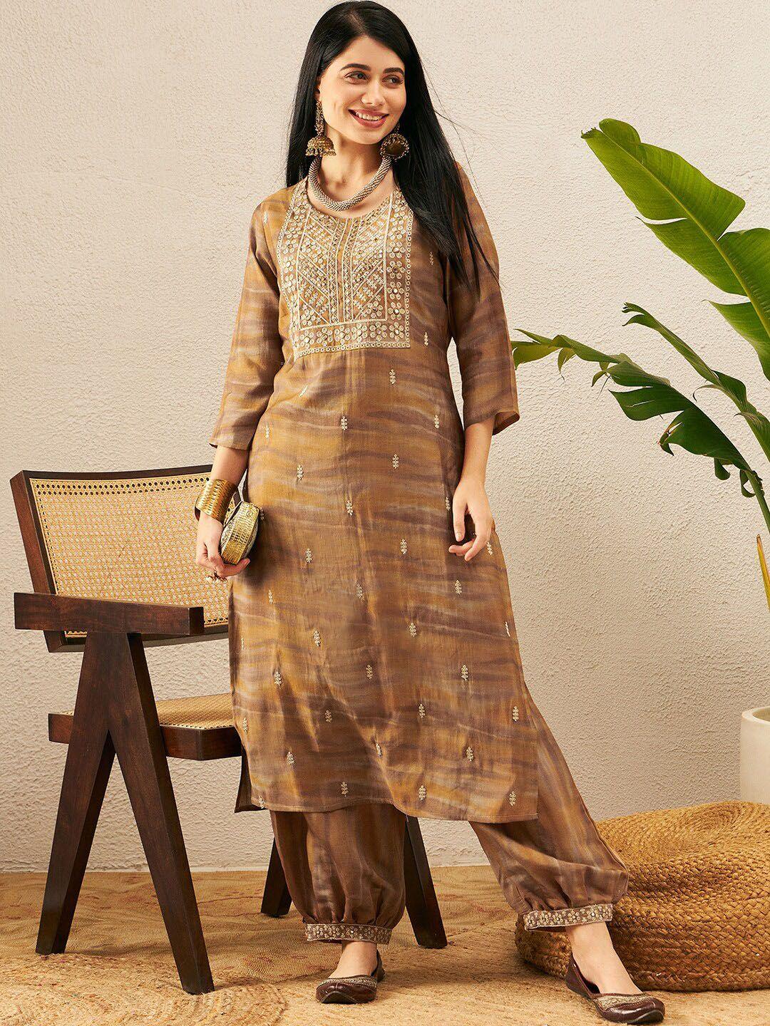 ishin ethnic motifs embroidered mirror work kurta with salwar