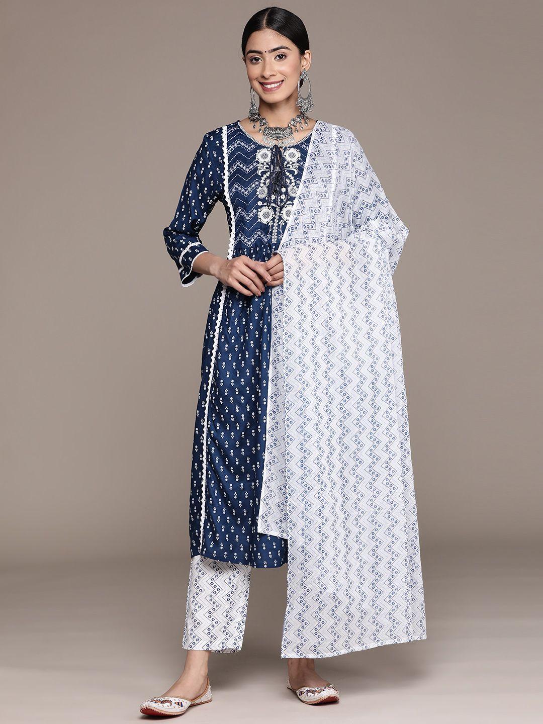 ishin ethnic motifs embroidered panelled thread work kurta with trousers & dupatta