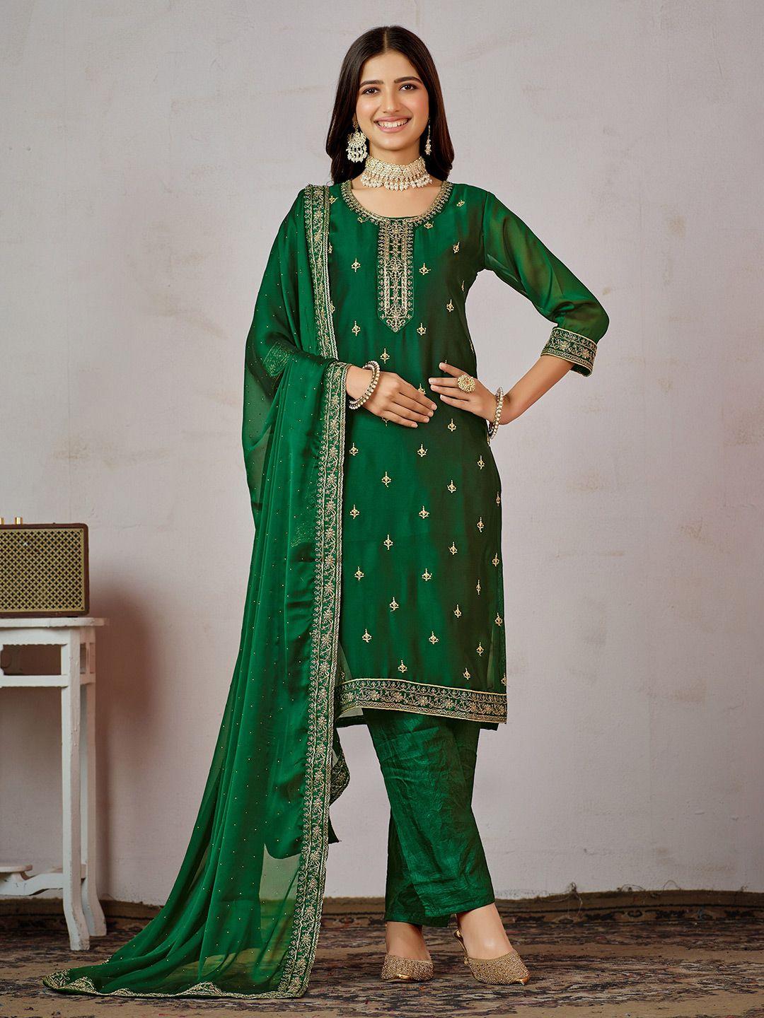 ishin ethnic motifs embroidered regular kurta with trousers & dupatta