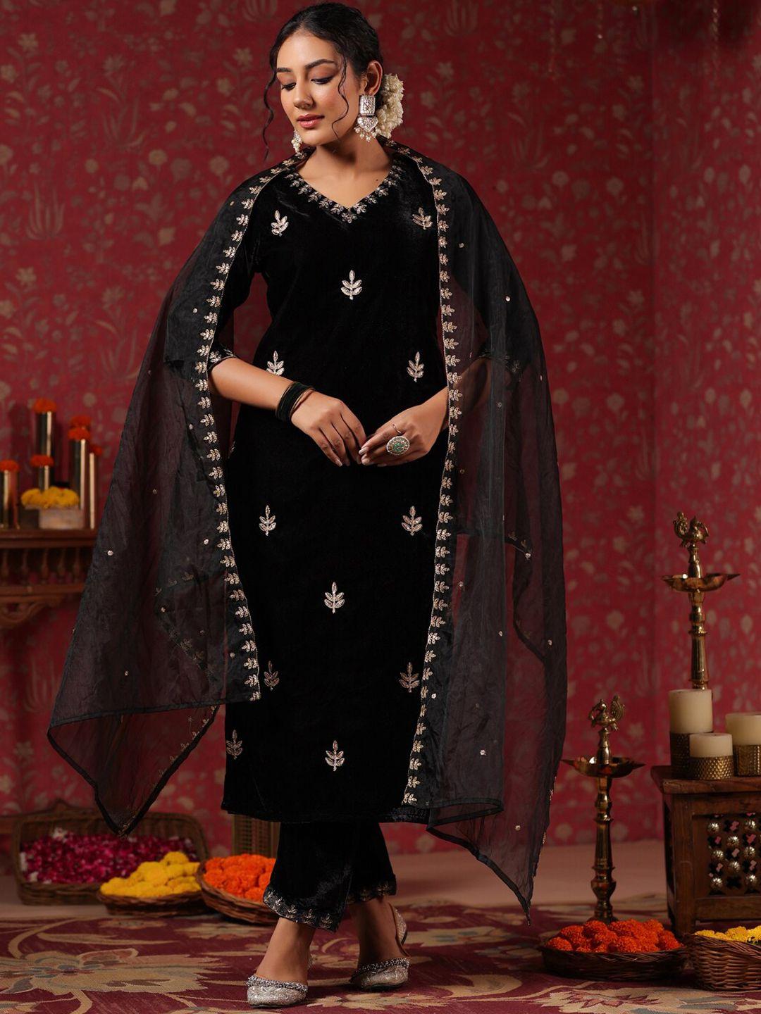 ishin ethnic motifs embroidered thread work velvet kurta & trousers with dupatta