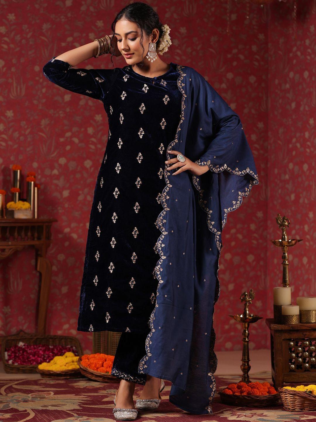 ishin ethnic motifs embroidered thread work velvet kurta with trousers & dupatta