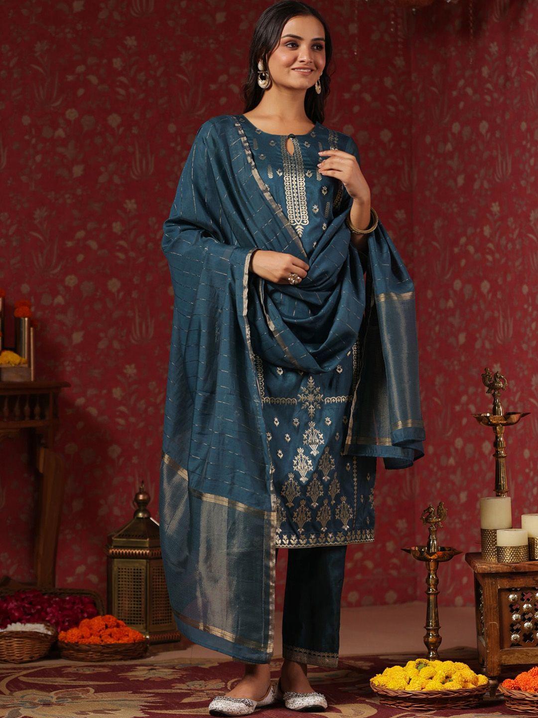 ishin ethnic motifs pinted straight kurta & trousers with dupatta