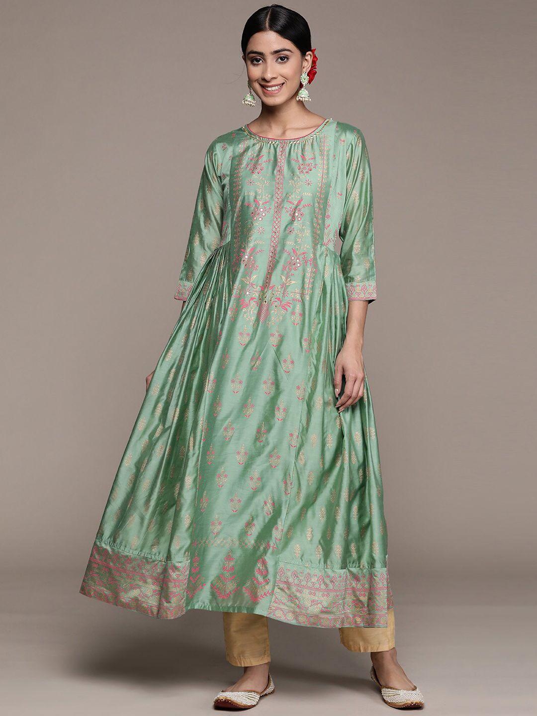 ishin ethnic motifs printed beads and stones silk blend anarkali kurta