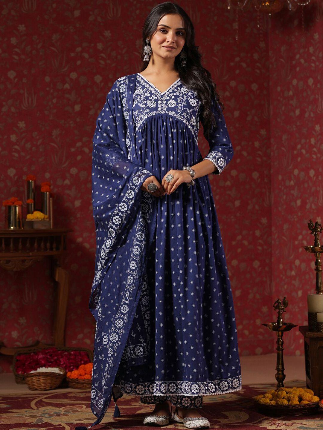 ishin ethnic motifs printed empire anarkali pure cotton kurta & trousers with dupatta