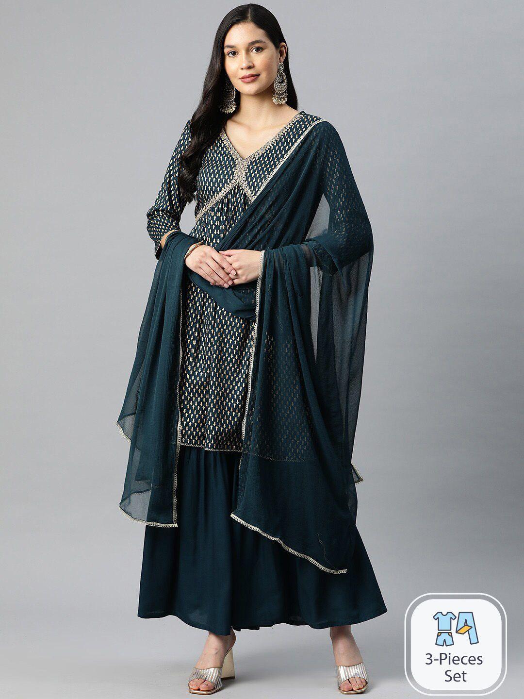 ishin ethnic motifs printed empire sequinned kurta with sharara & dupatta