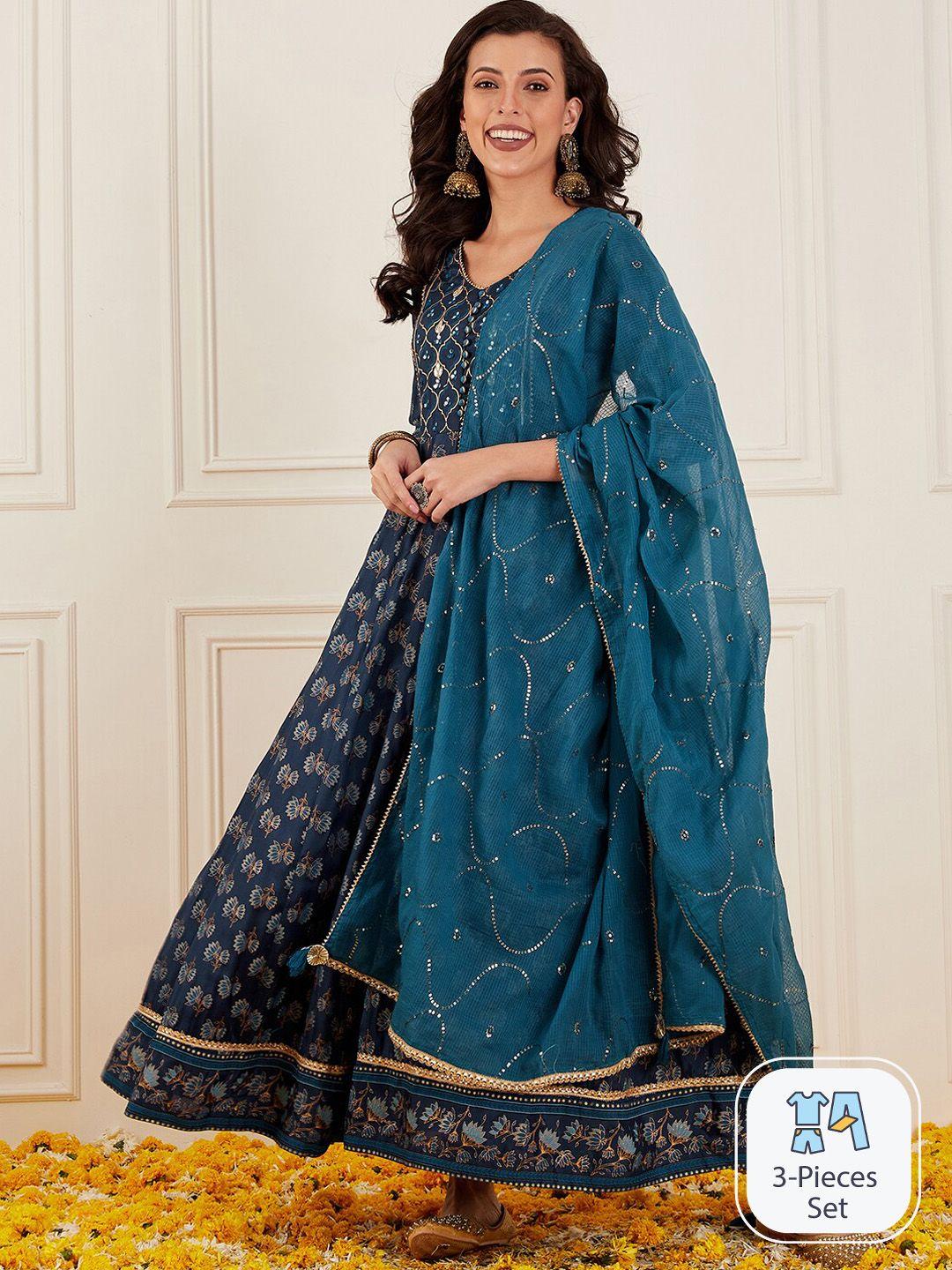 ishin ethnic motifs printed mirror work & gotta patti indigo anarkali kurta with dupatta