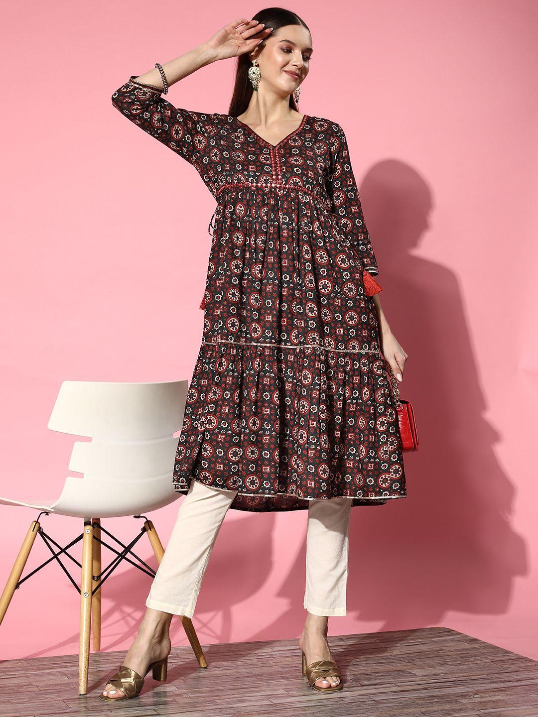 ishin ethnic motifs printed mirror work anarkali kurta