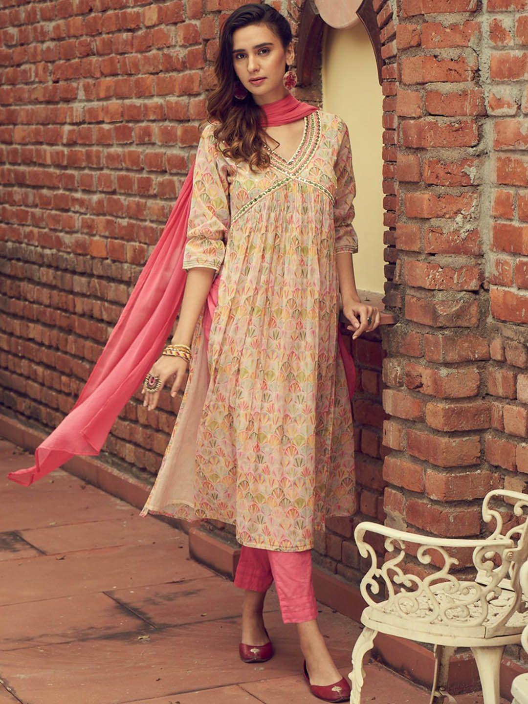 ishin ethnic motifs printed mirror work empire anarkali kurta with trousers & dupatta