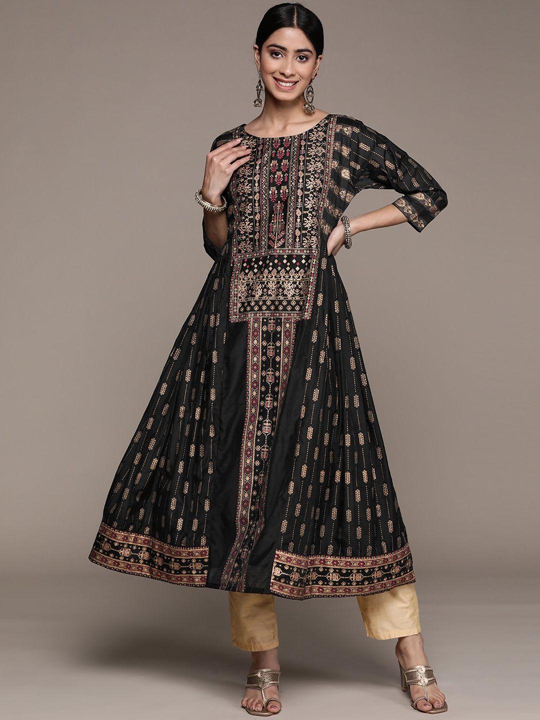 ishin ethnic motifs printed panelled silk blend anarkali kurta