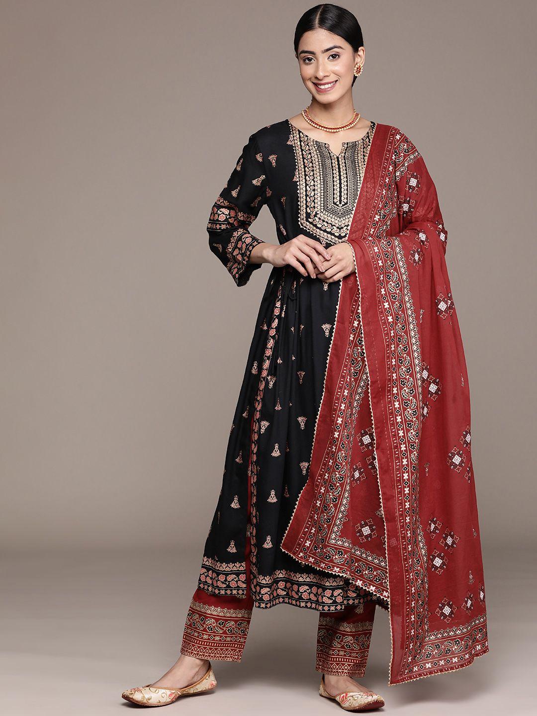 ishin ethnic motifs printed pleated gotta patti kurta with trousers & dupatta