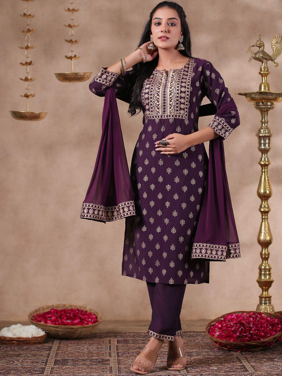 ishin ethnic motifs printed round neck regular kurta with trousers & dupatta