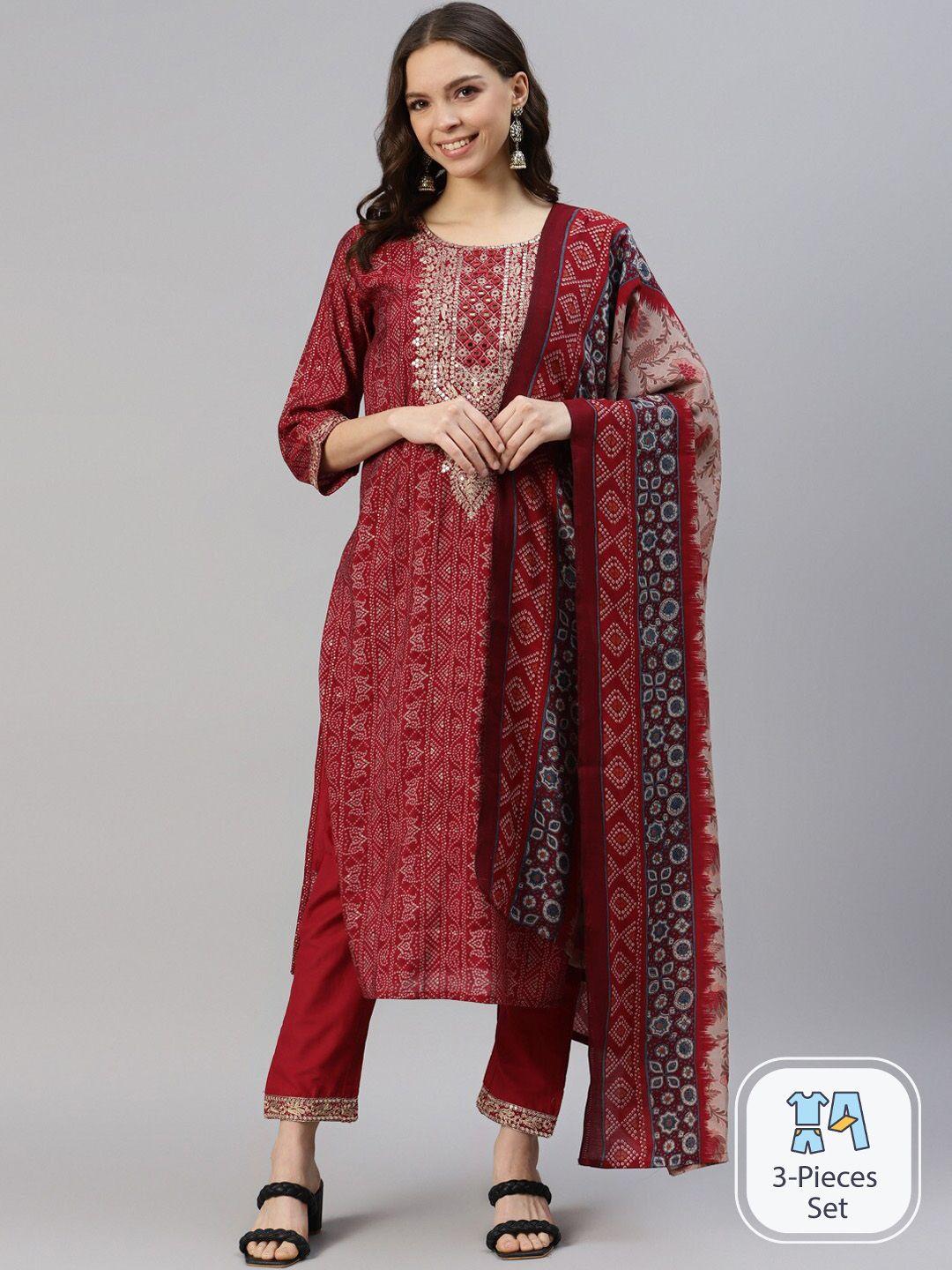 ishin ethnic motifs printed sequinned chanderi silk straight kurta with trousers & dupatta