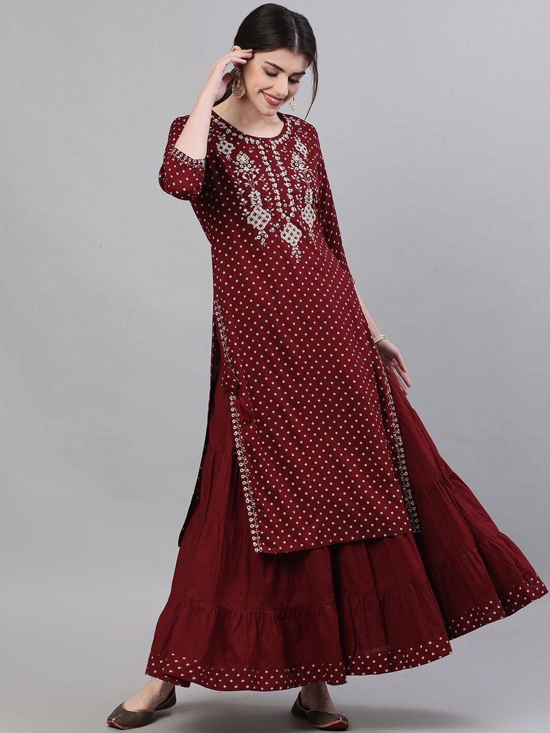 ishin ethnic motifs printed thread work kurta with skirt