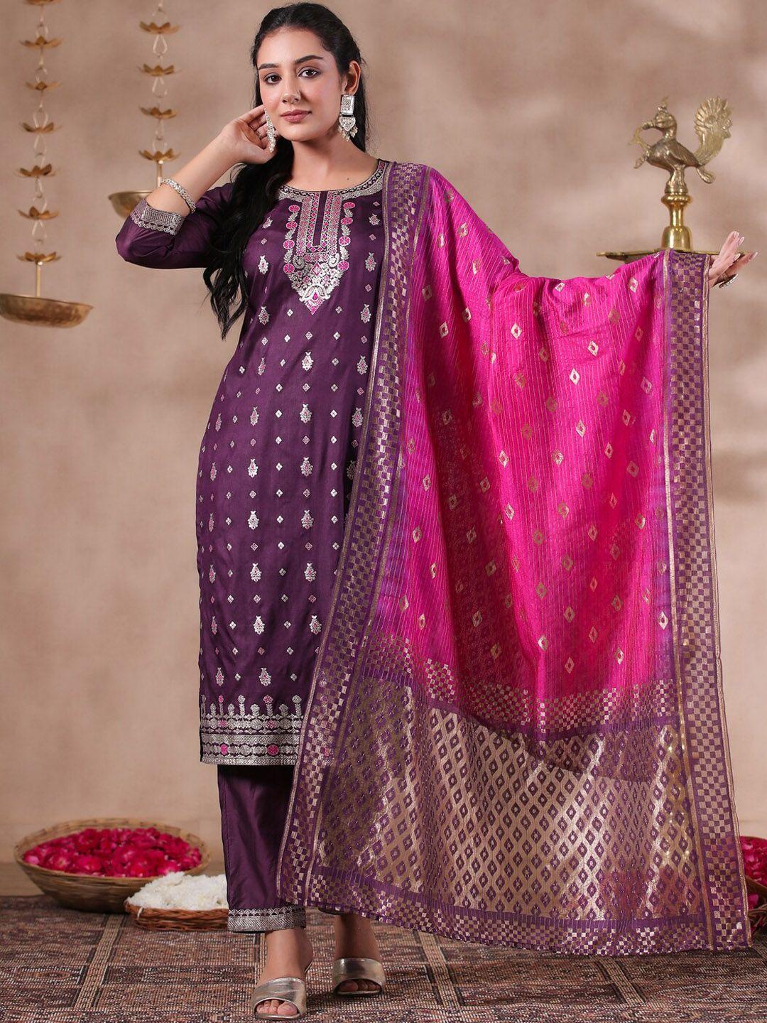 ishin ethnic motifs woven design zari detail straight kurta & trousers with dupatta