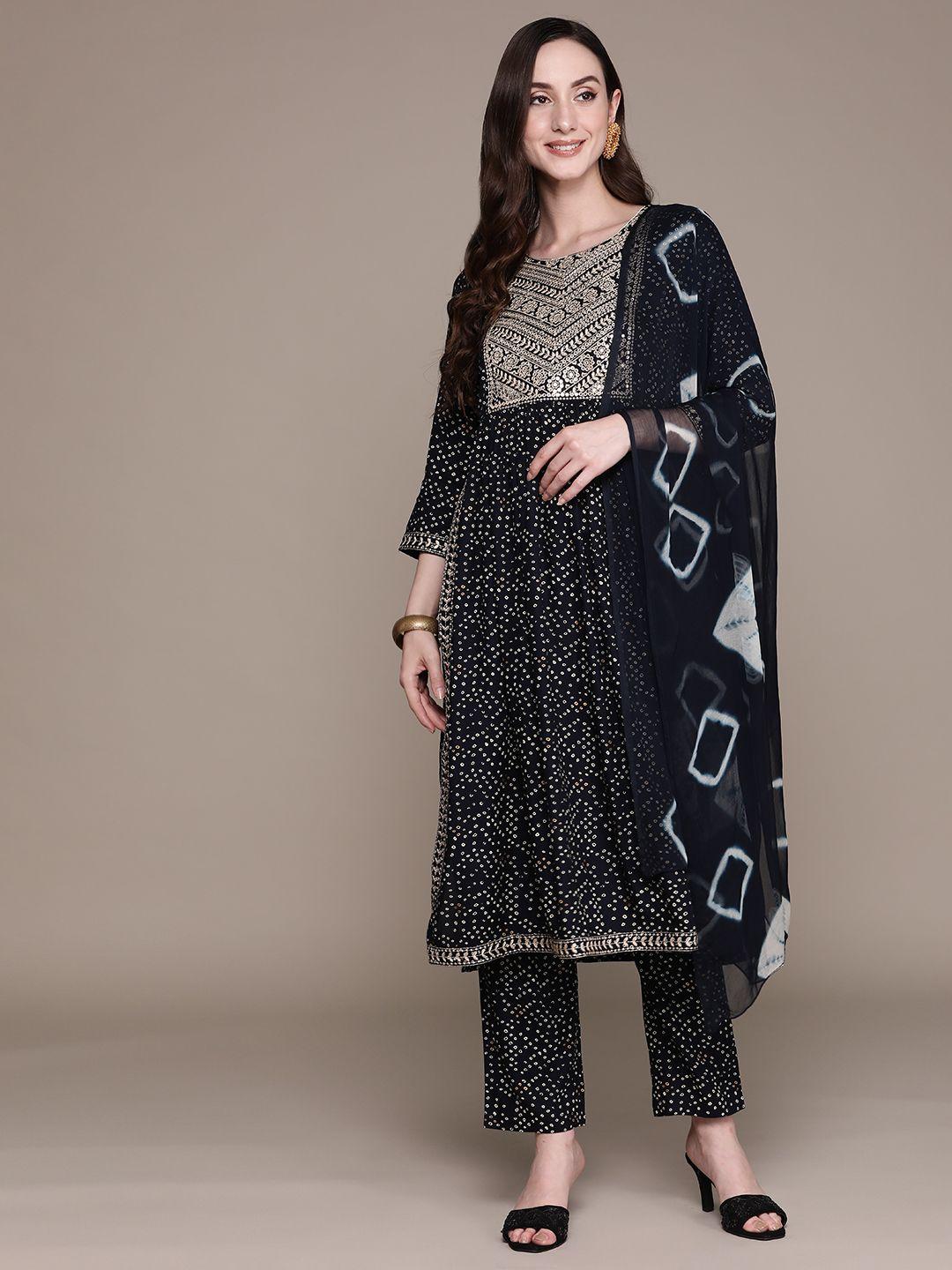 ishin ethnic motifs yoke design pleated sequinned kurta with trousers & with dupatta