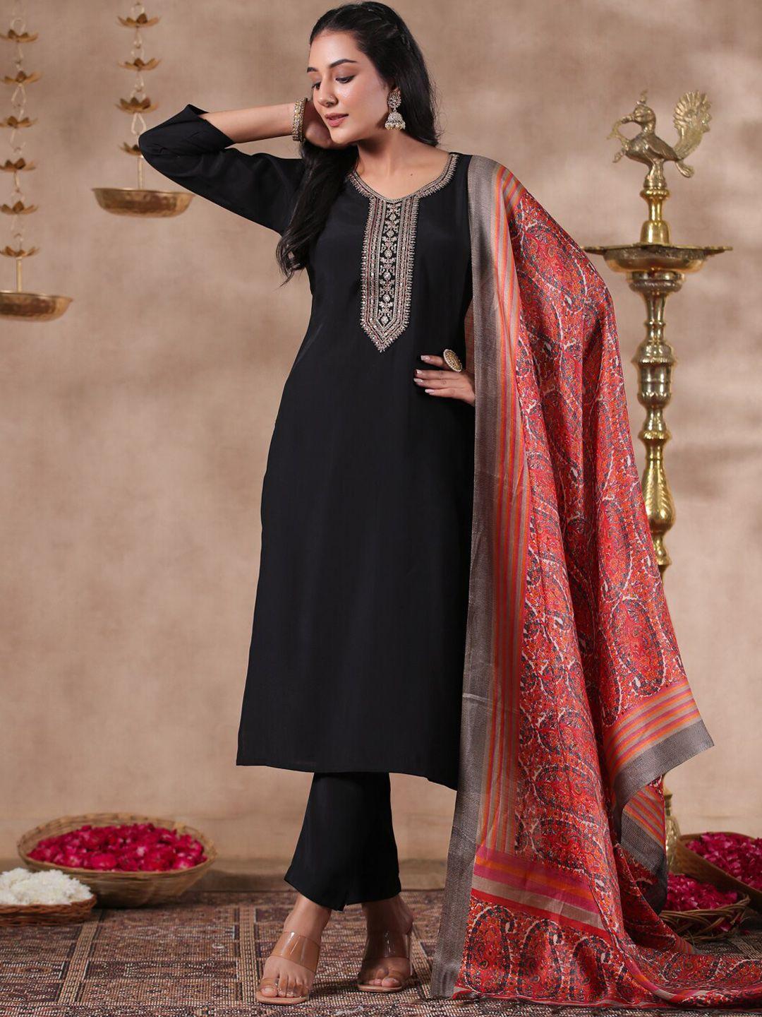 ishin ethnic motifs yoke design regular sequinned kurta with trousers & dupatta